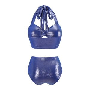 Detail view of metallic blue bikini featuring halter neck tie and bow back decoration