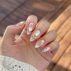 Press On Nails Almond Shape Cat Eye Elegant 3D Tulip Gold Line French Style Artificial Fake Nails For Women