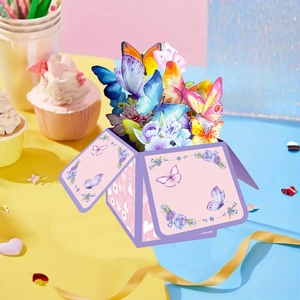 3D pop-up birthday greeting card featuring vibrant paper butterflies and floral patterns
