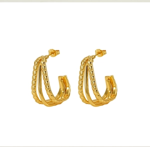 Detailed view of irregular multi-layer linear earrings in polished gold plated finish