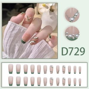 French style press-on nails D729 with lemon art, pearls and long trapezoid shape