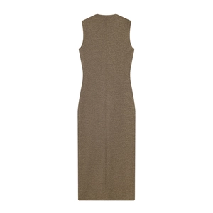 Detailed back view of a sleeveless knitted tan midi dress showing its fine fabric texture