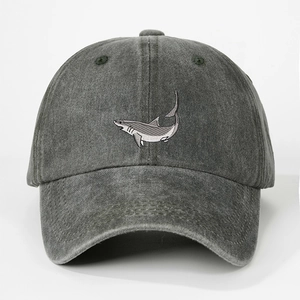 Washed dark grey baseball cap with embroidered shark motif and vintage adjustable fit