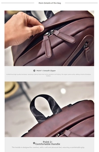 Detail of dark brown PU leather backpack featuring metal zippers and padded top handle