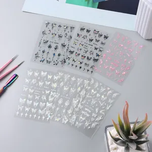 Detailed set of 3D laser silver butterfly and star moon nail art stickers with tools