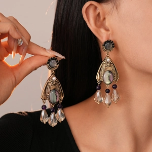 Vintage palace style gold drop earrings with dark grey stones and crystal water drops