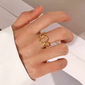 18K gold plated stainless steel hollow oval ring with adjustable open band for women