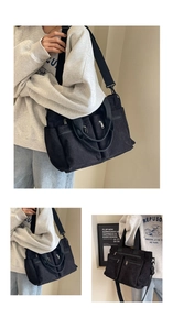 Detail shots of black corduroy tote bag showing multiple pockets and adjustable strap