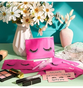 Pink frosted eyelash tool storage bags with zipper and Lash Loyalty thank you cards