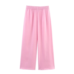Women's safari style pink wide-leg trousers with elastic waist and relaxed fit
