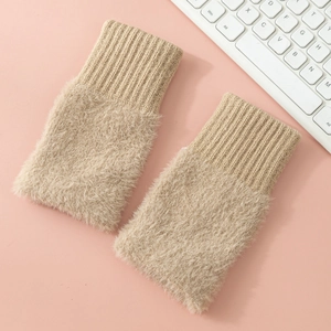 Plush knitted fingerless gloves for women in khaki, perfect for winter office typing