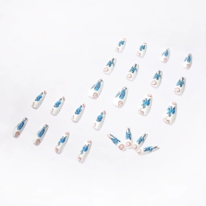 Lot de 24 faux ongles cercueil longs avec lettres graffiti bleues et motifs cookies