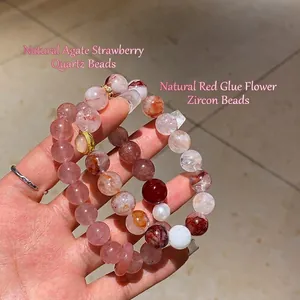 Natural Agate Strawberry Quartz Beaded Bracelet With Freshwater Pearl Red Hematoid Quartz Elastic Jewelry For Women