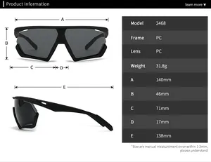 Detailed size chart for retro oversized shield sunglasses model 2468 with PC frame
