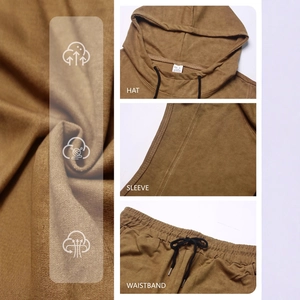 Men's khaki distressed street hooded sleeveless tracksuit with adjustable drawstrings