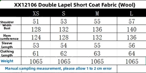 Detailed size chart for the French style double-breasted short wool coat with measurements