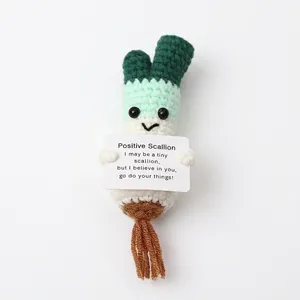 Handmade crochet positive scallion plush toy with inspirational card for desk decor