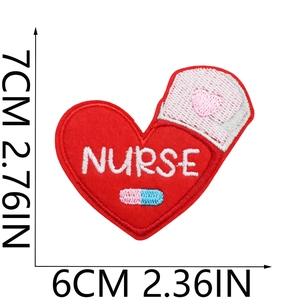 Detail showing red heart nurse embroidered patch dimensions with pill and cap motifs