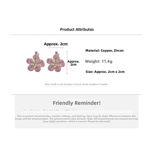 Detail specifications of pink zircon flower earrings made of copper and silver needle