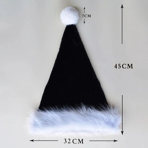 Detail view of black plush Christmas hat with white pom-pom and dimensions 45x32cm