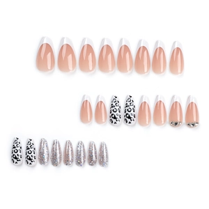 24er Set French Almond Press-on Nägel mit Nude-Farben, Leopardenmuster und Silberglitzer
