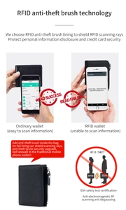 Detalle de billetera de cuero negra con RFID que muestra tecnología de protección NFC