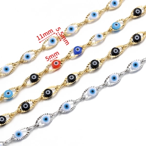 Golden and silver stainless steel evil eye bead chains with size markings in 5mm and 11mm