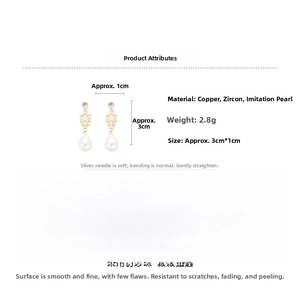 Detailed specs of 18k gold-plated drop earrings with zircon and pearls, 3cm x 1cm size