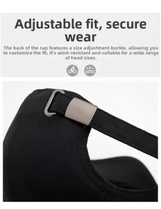Detail of adjustable metal buckle and premium cotton twill stitching on a black cap