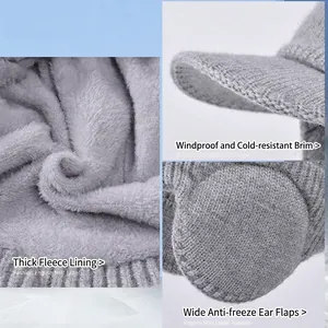 Graue Winterstrickmütze für Herren mit Fleecefutter, Ohrenklappen und Schirm
