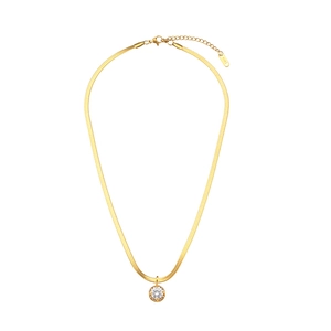 Elegant gold herringbone chain necklace with round sparkling zircon pendant and K18 hallmark