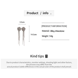 Detailed technical specification view of silver floral tassel earrings with dimensions