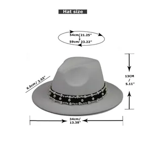 Size chart showing dimensions for a wool fedora hat with pearl belt in inches and cm