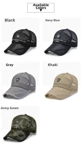 Mesh baseball caps detail showing breathable fabric in black, navy, grey, and khaki colors