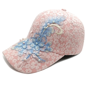 Pink floral lace baseball cap for women with blue flower embroidery and white pearl beads