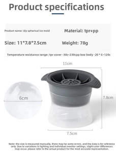 Detail view of the 6cm sphere ice mold with size annotations and material specifications