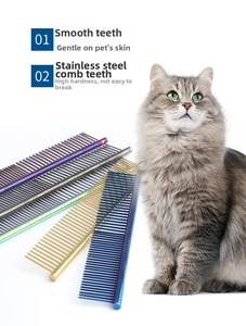 Detail of durable stainless steel pet grooming combs with rounded teeth for cat fur care