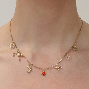 Titanium steel necklace with charms like butterfly, horseshoe, heart and cross on a model