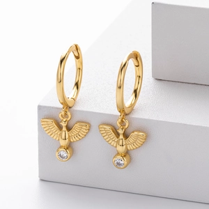 Elegant gold S925 sterling silver hoop earrings with flying bird charm and white zircon