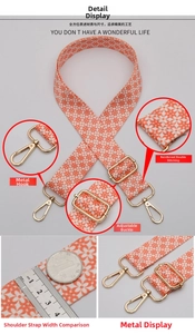 Detailed view of woven strap with floral patterns, golden hardware, and size comparison