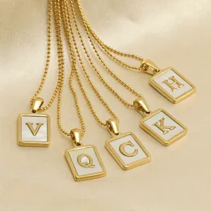 18K Gold Plated Stainless Steel Capital Letter Necklace Square Mother Of Artificial Pearl Pendant Bead Chain Jewelry For Women