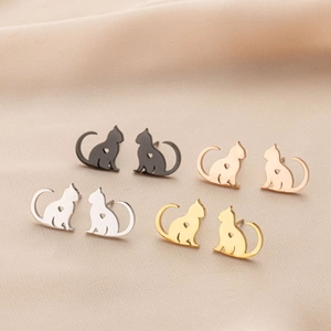 Cute Cat Stud Earrings Stainless Steel Mini Hollow Heart Long Tail Animal Silhouette Jewelry For Women Girls