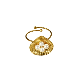 French vintage shell-shaped open ring in gold stainless steel with four white pearls