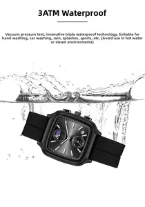 Vue détaillée d'une montre carrée étanche 3ATM avec effet d'éclaboussures d'eau