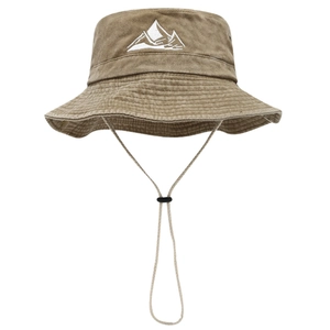 Outdoor khaki hiking bucket hat with mountain embroidery and adjustable windproof strap