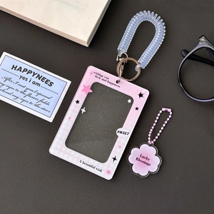 Pink glitter acrylic photo card holder with spring coil lanyard and cloud pendant set