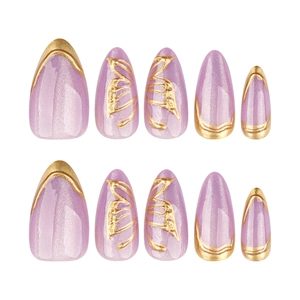 Short almond purple cat eye press-on nails with 3D gold butterfly wing texture
