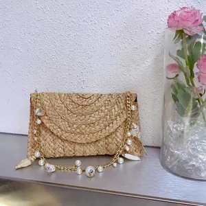 Handmade Woven Straw Shoulder Bag With Shell Artificial Pearl Conch Decor Metal Chain Strap Beach Vacation Bohemian For Women
