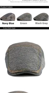 Detailed texture of herringbone tweed flat caps in navy, green, and black grey colors