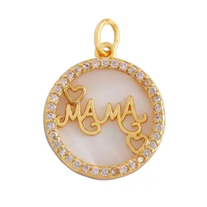 Detail of 16mm round MAMA charm with micro-pave cubic zirconia and mother of pearl